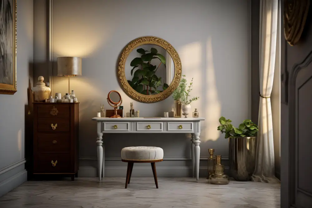 A cozy room featuring a vanity, a large mirror, and a vibrant green plant for a touch of nature.